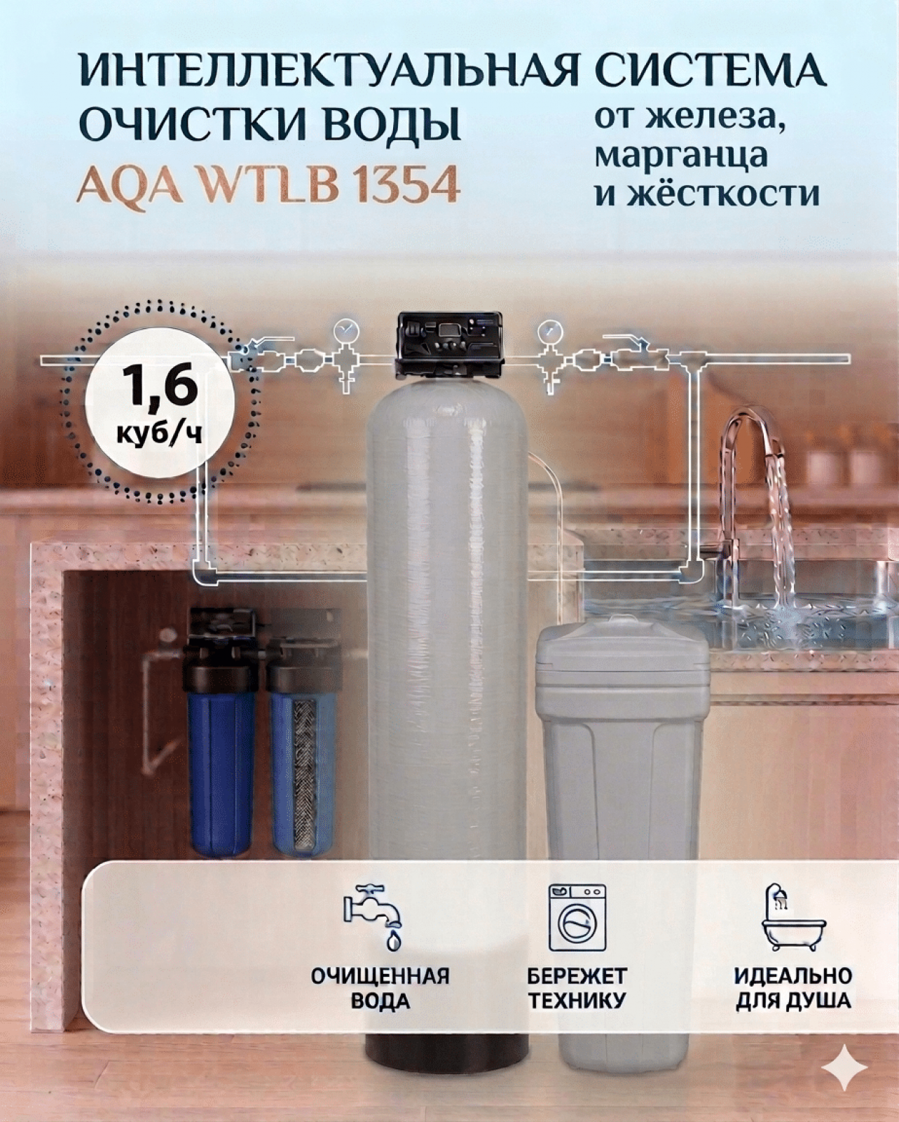 Система 1354 WTLB для обезжелезивания и умягчения воды из скважины.